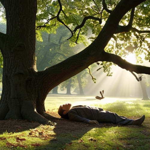 Home 4 **
Prompt: "A calming image of a person lying under an old oak tree in Lazienki Park, Warsaw, listening to birds singing at dawn. Sun rays are visible through the branches."
**