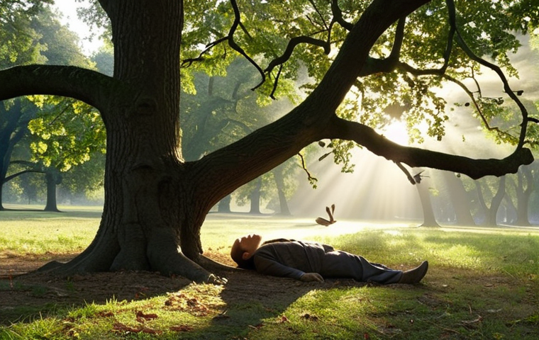 **
Prompt: "A calming image of a person lying under an old oak tree in Lazienki Park, Warsaw, listening to birds singing at dawn. Sun rays are visible through the branches."
**